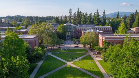 An aerial view of the quad in front of the Lillis Business building
