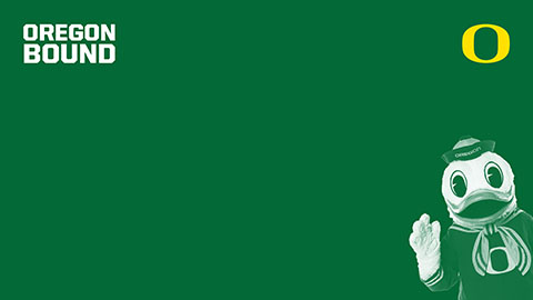 Green background with Oregon Duck mascot in lower-right corner
